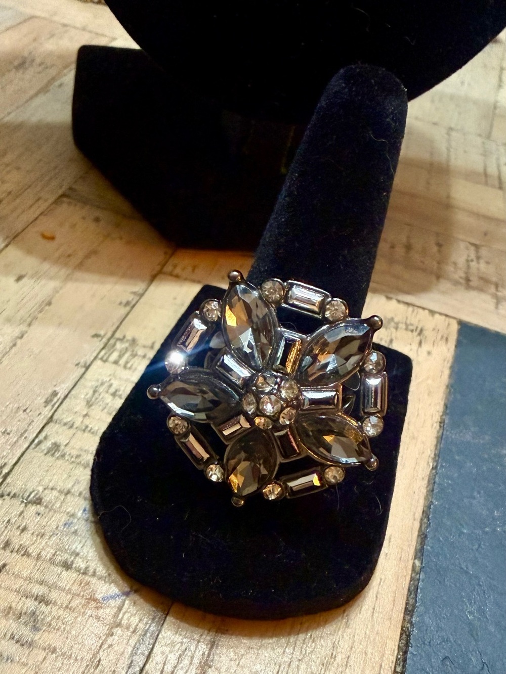Vintage Art Deco Smoky Quartz Crystal Starburst Statement Cocktail Ring